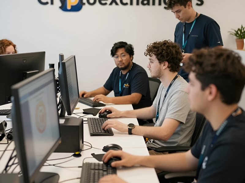 Команда Ttbtc работает над операциями по обмену криптовалют в современном офисном пространстве
