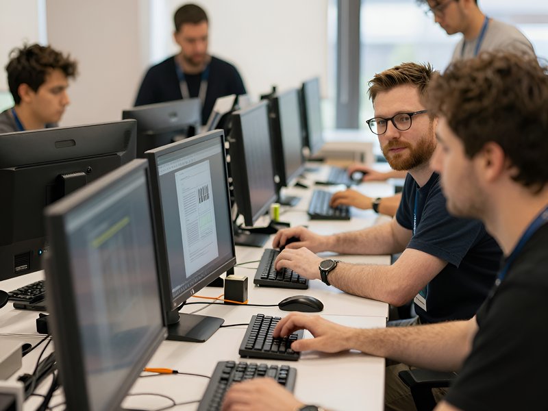Команда Ttbtc работает над операциями по обмену криптовалют в современном офисе компании